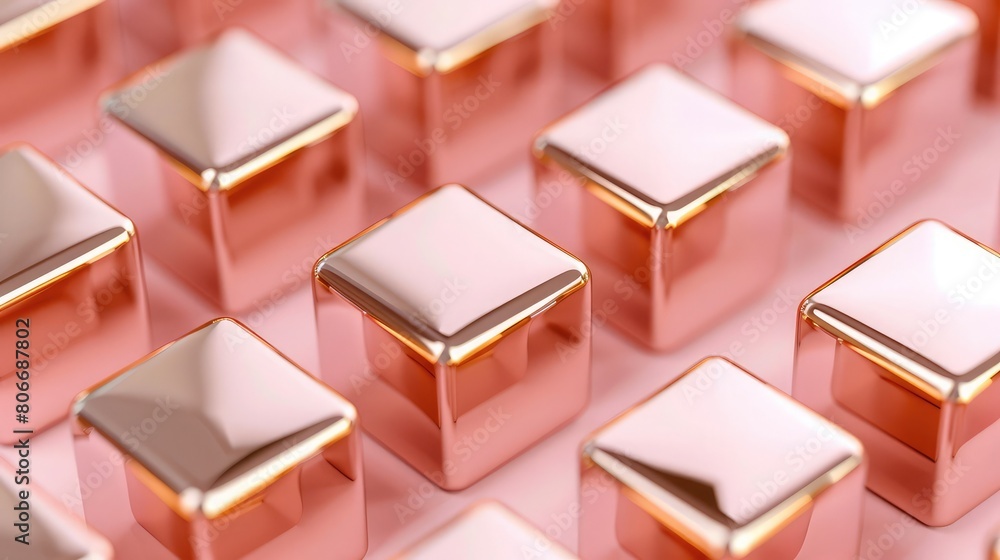 Blush gold cubes on a soft pink block background, exuding charm and sophistication. Blush gold cubes on a soft pink block background, exuding charm and sophistication.