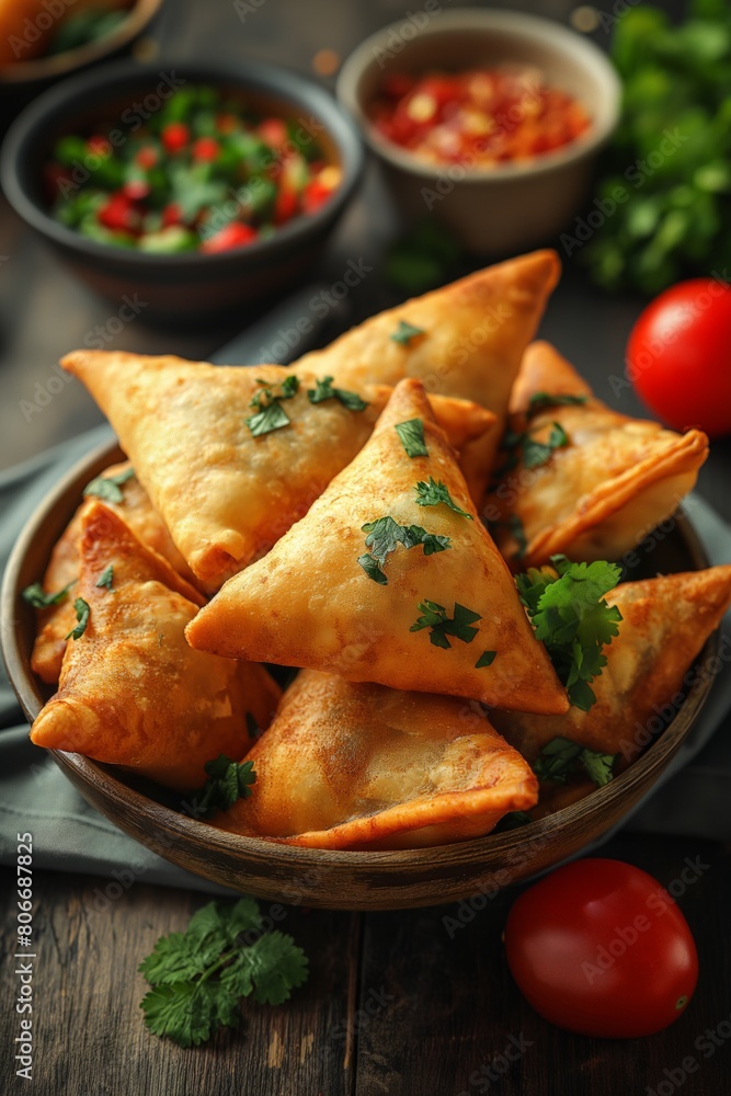Crispy chicken samosas in a rustic bowl, freshly garnished with parsley Crispy chicken samosas in a rustic bowl, freshly garnished with parsley