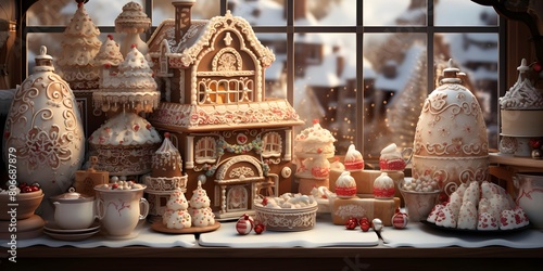 Cakes and candies on display in a shop window in winter