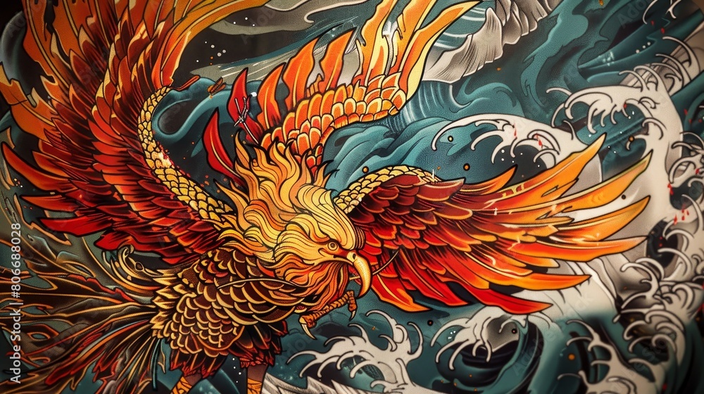 Majestic phoenix in a Japanese tattoo style, signifying rebirth and fire, crafted with vibrant colors on a clean background