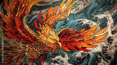 Majestic phoenix in a Japanese tattoo style  signifying rebirth and fire  crafted with vibrant colors on a clean background