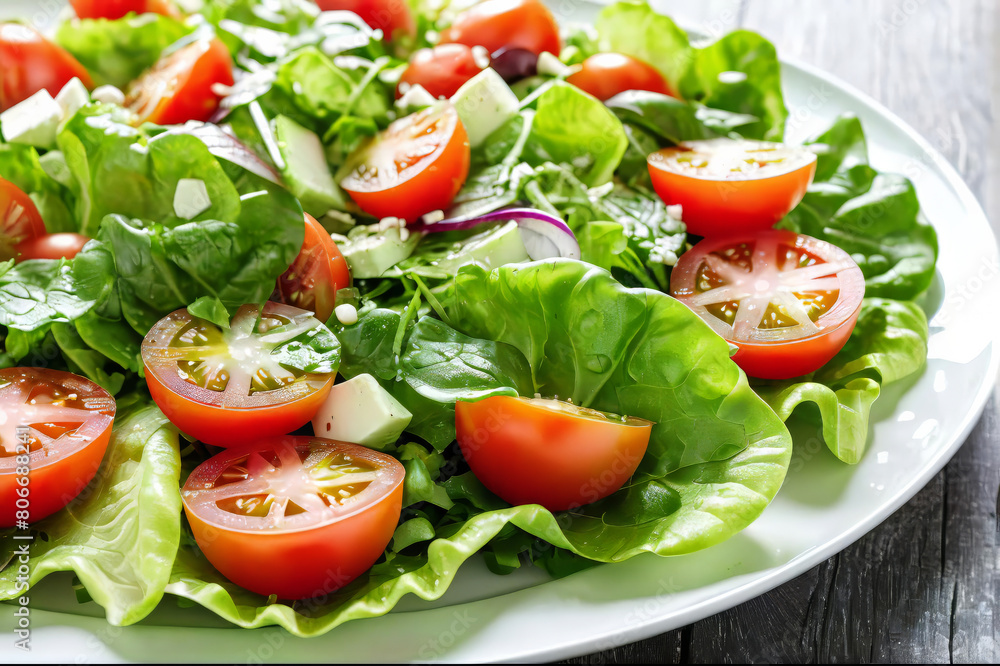 salad with lettuce, tomatoes, and cucumbers on a white plate salad with lettuce, tomatoes, and cucumbers on a white plate