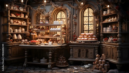 Bakery shop interior with a lot of different products. 3d rendering