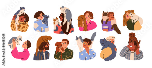 Happy people with pets set. Dog and cat owners holding, hugging cute canine and feline friends. Funny animal and human in love, friendship. Flat vector illustration isolated on white background