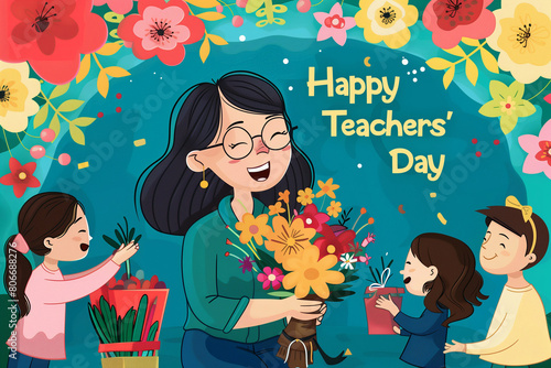 Happy Teachers' Day Vector: Teacher Receives Flowers from Smiling Students - Cartoon Celebration