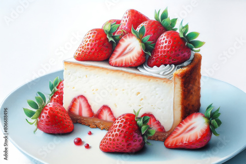 slice of strawberry cheesecake with strawberries on top