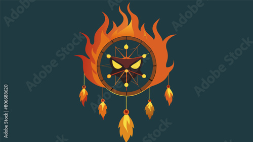 A dreamcatcher made of fire capturing and ping small flaming faces that seem to whisper in fear and desperation within the flames..