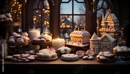 Christmas cookies on a shelf in the window of a shop. BANNER  LONG FORMAT