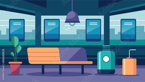 A tranquil corner of a busy train station featuring comfortable seating and a calming aroma diffuser to help commuters unwind..