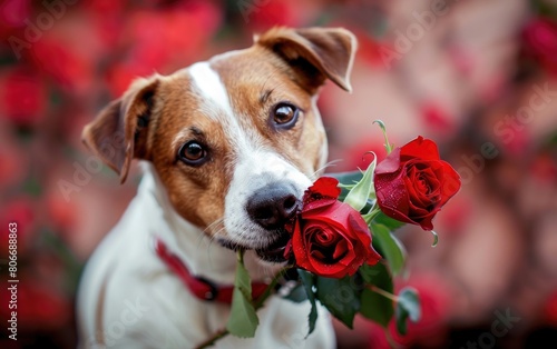Cute Dog Offers Red Rose in Mouth as Gesture, Generative ai. © Tayyab Imtiaz