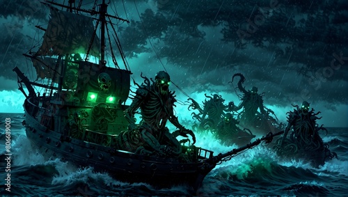 Horror Photography: Many Eldritch Robot Pirates aboard ship at Sea at night in a cosmic thunder storm. tremendous rain. kraken piercing through the sea. hauntingly eerie. photo