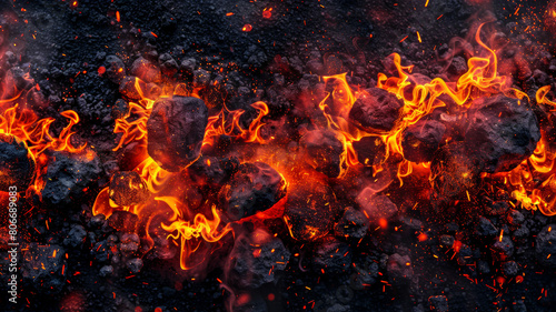 A fiery scene with a large pile of rocks and a lot of fire