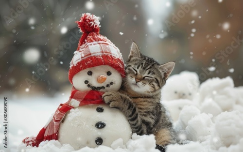 A Cute Cat and a Snowman Share a Heartwarming Cuddle, Generative ai.