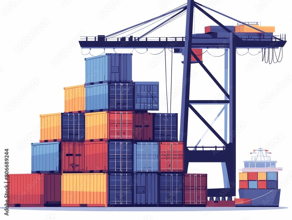 Fototapeta premium International shipping containers stacked at a port, flat vector design, isolated on white background