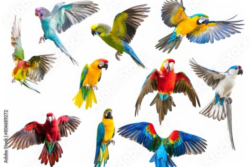 Various bird species in flight or at rest  with detailed plumage and expressions   against a white background  making each feather and color stand out
