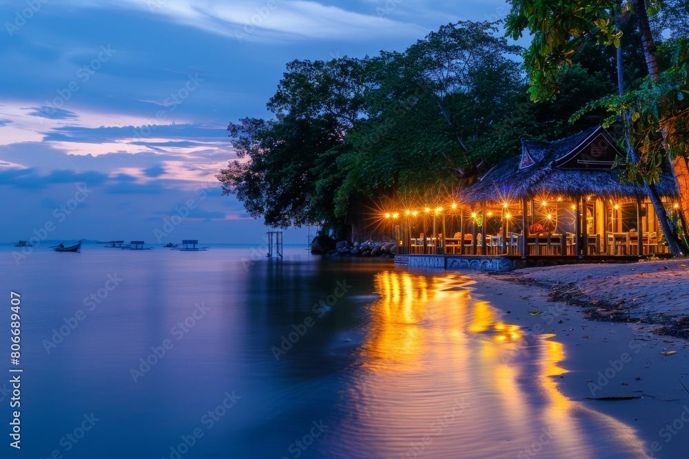 Fototapeta premium Cozy beachfront hut illuminated at dusk