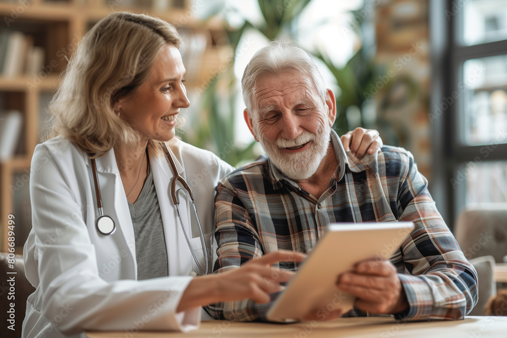 Elderly Man and Doctor Reviewing Health Information on a Tablet Elderly Man and Doctor Reviewing Health Information on a Tablet