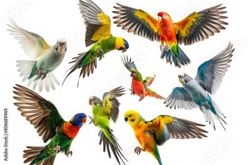 Various bird species in flight or at rest  with detailed plumage and expressions   against a white background  making each feather and color stand out