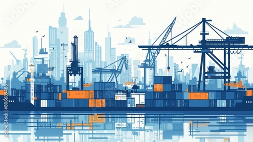 Flat vector illustration of a bustling shipping port with cranes and containers, isolated on white