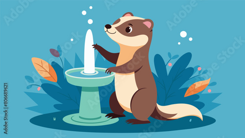 A happy ferret stands on its hind legs reaching up to sample the trickling water from a whimsical fountain adorned with adorable animal faces.. Vector illustration