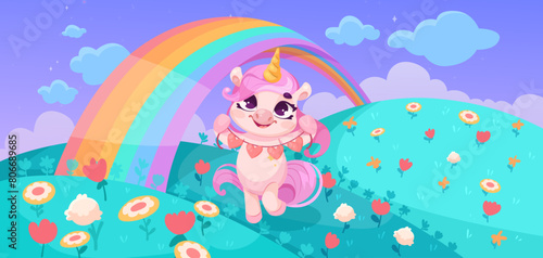 A cute unicorn character standing on a colorful meadow with flowers, rainbow sky, fantasy illustration, cartoon style on a vibrant background, concept of magic and happiness. Vector illustration