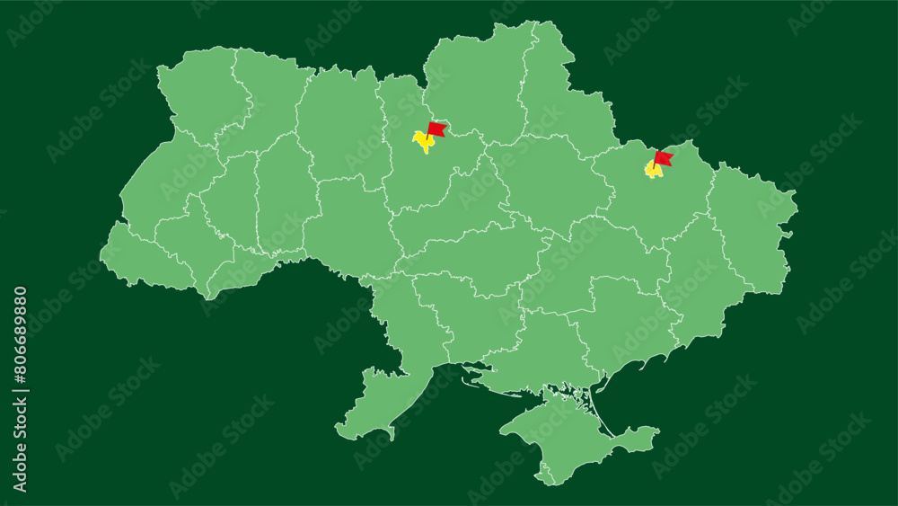 Map of Ukraine with borders in different shades of green. Vector illustration