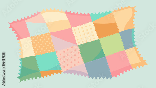 A shabbychic quilt crafted from an array of delicate pastel fabrics and finished with a charming frayed edge detail.. Vector illustration