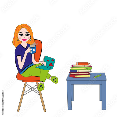Mujer sentada leyendo y tomándose un café.