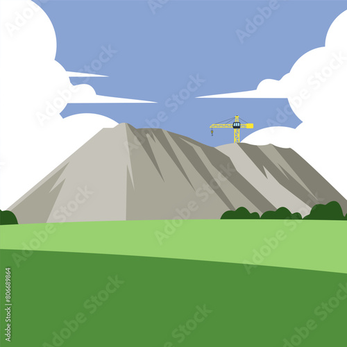 Landscape of terricon with tower crane. Flat design vector illustration.