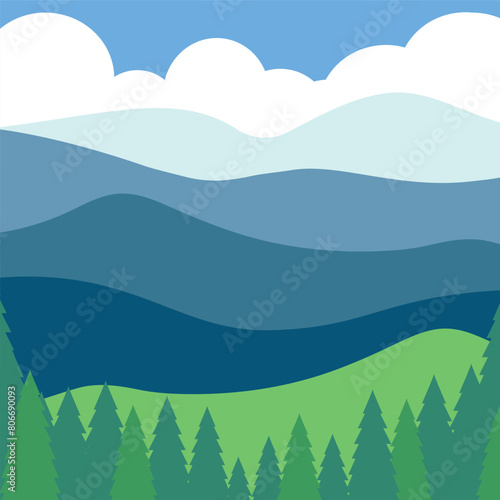Landscape with mountains and forest in flat style. Vector illustration.