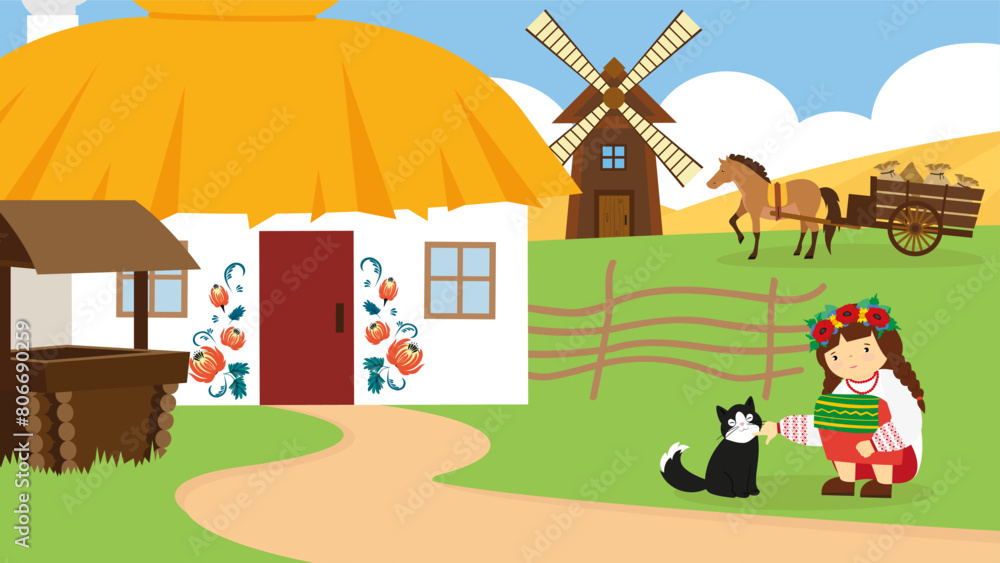 Naklejka premium Countryside scene with a little girl and a cat. Vector illustration
