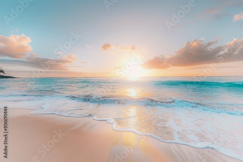 Tranquil beach at sunrise with gentle waves © ZeeZaa