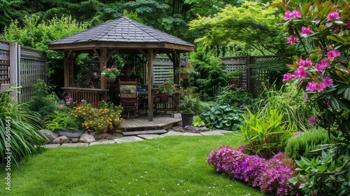 backyard garden with wooden gazebo and colorful flowers, surrounded by green grass and a wooden fence