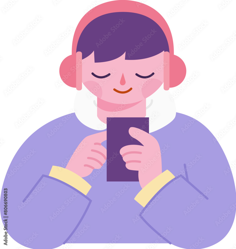 Smiley boy with headset using smartphone in purple flat design Smiley boy with headset using smartphone in purple flat design