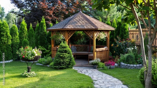 backyard garden with wooden gazebo surrounded by lush greenery, including trees, bushes, and flowers, with a wooden bench and brown roof in the foreground
