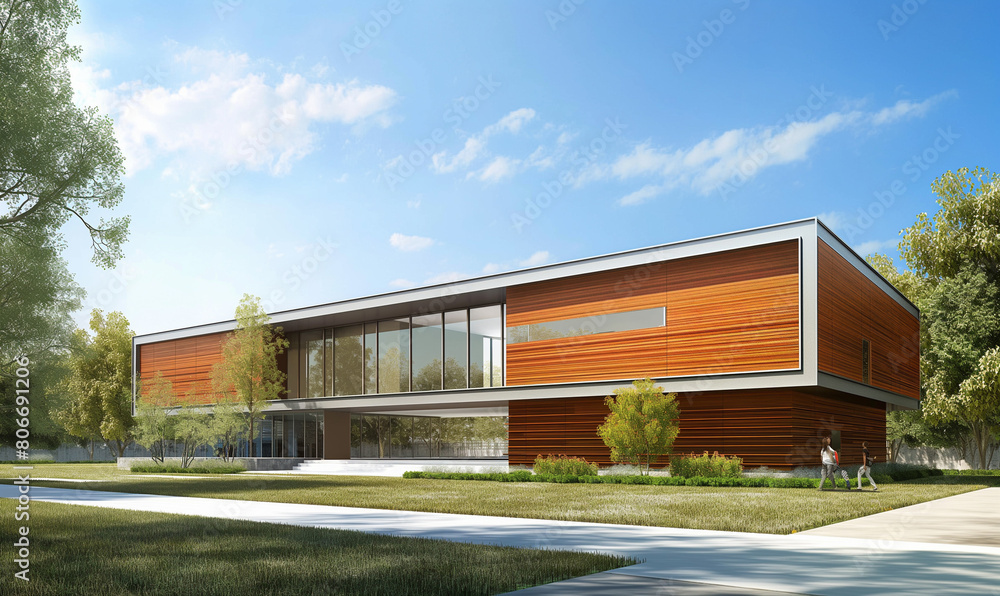 3d rendering of modern house with wooden cladding and green trees on the front yard under blue sky background