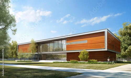Wallpaper Mural 3d rendering of modern house with wooden cladding and green trees on the front yard under blue sky background Torontodigital.ca