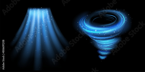 Air flow on a dark background. Cold air effect, fresh ozone wind flow. winter swirl and wave. Blue purified vortex breeze Vector illustration