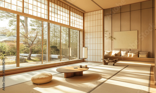 3D rendering of a Japanese interior design living room with wooden windows and tatami mats on the floor