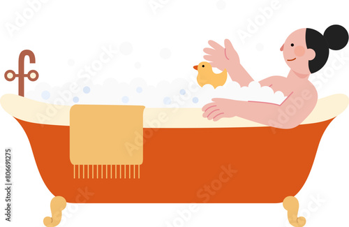 Woman taking bath in the red bathtub with toy duck