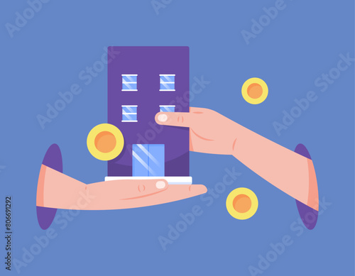 acquisition and takeover. buying shares or assets from another company. transfer of business ownership. hand illustration that gives ownership rights to a company or business to another party. concept