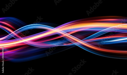 A colorful light trail on black background, long exposure photography, wind style, swirling lines, flowing curves