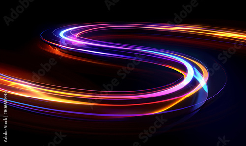 A colorful light trail on black background, long exposure photography, wind style, swirling lines, flowing curves