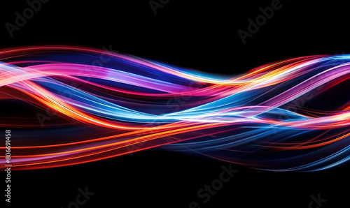 A colorful light trail on black background, long exposure photography, wind style, swirling lines, flowing curves