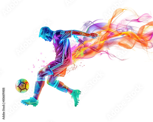 Soccer player kicking ball colorful silhouette Isolated on Transparent Background