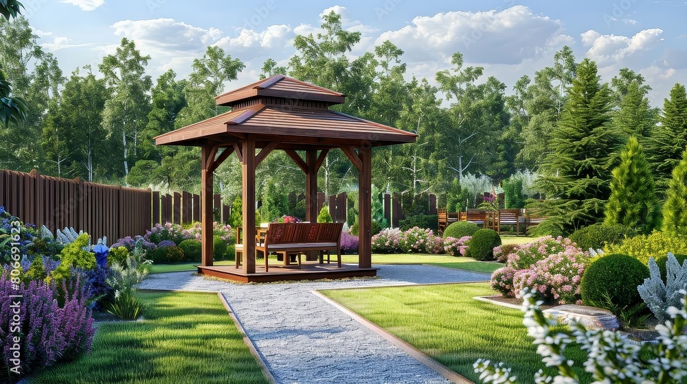 backyard garden with wooden gazebo and bench, surrounded by lush greenery and a brown fence under a blue sky with white clouds backyard garden with wooden gazebo and bench, surrounded by lush greenery and a brown fence under a blue sky with white clouds