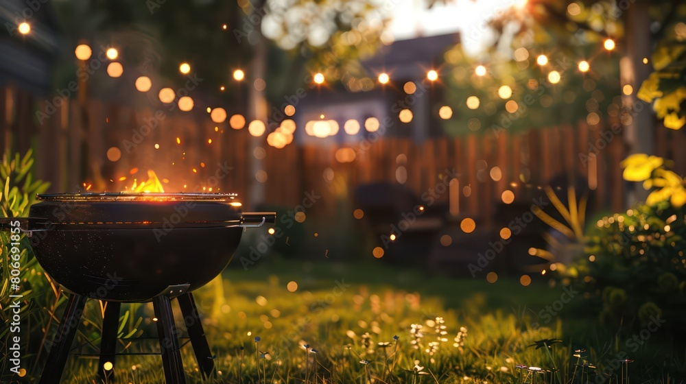 Barbecue in backyard garden summer evening lights, BBQ blurred background. Generative AI Barbecue in backyard garden summer evening lights, BBQ blurred background. Generative AI