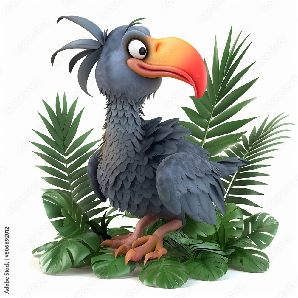 Obraz premium 3D rendering cartoon of a dodo bird waddling through a tropical forest, on white background