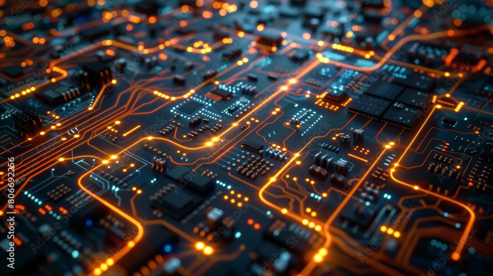 A close-up view of a glowing circuit board with intricate pathways of electricity pulsating with light. A close-up view of a glowing circuit board with intricate pathways of electricity pulsating with light.