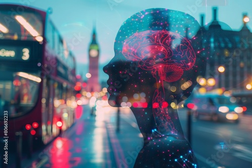 A human girl, the whole is made of transparent material, all parts and internal structure are clearly visible, the background is night street of London